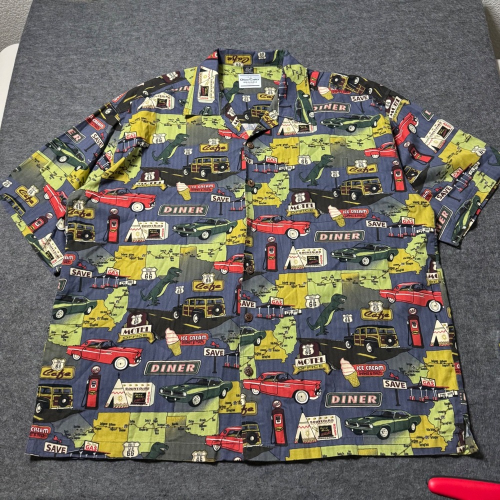 David Carey Originals Route 66 Road Trip Map Shirt Mens 2XL Blue Cotton Rayon